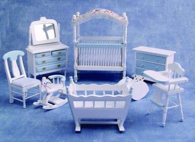 Dolls House blue white nursery set 8 piece DF899B