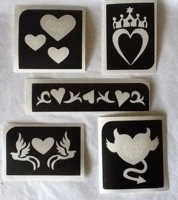 5 x mixed heart glitter tattoo stencils