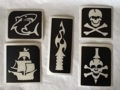 5 x pírate ship/skull/shark glitter tattoo stencils