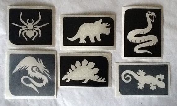 6 x boys dinosaur lizard snake glitter tattoo stencils