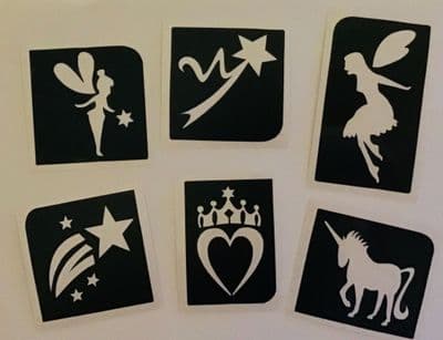 6 x fairy/unicorn/heart glitter tattoo stencils