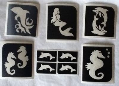 6 x Ocean dolphin mermaid seahorse glitter tattoo stencils