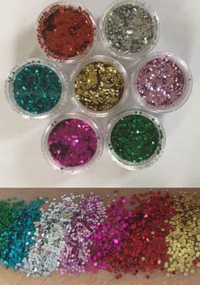 7 x 10g jars of  1mm hex chunky glitter