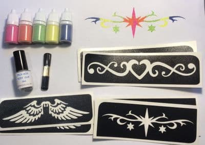 Armband/back glitter tattoo kit-large stencils-angel wings, star,hearts