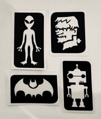 Batman/robot/alien/monster glitter tattoo stencils