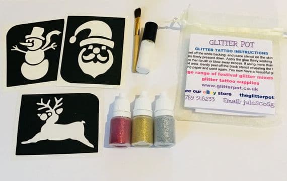 Christmas mini glitter tattoo kit-santa/snowman/reindeer