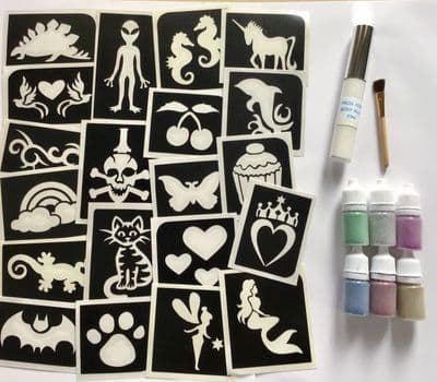 Girls/boys mixed glitter tattoo kit - 20 stencils
