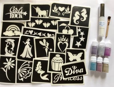 Girls glitter tattoo party kit - 20 stencil kit fairy/mermaid/hearts