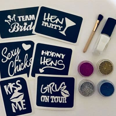 Hen party glitter tattoo kit-bride/kiss me/girls on tour/sexy chic
