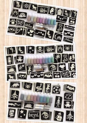 Large glitter tattoo party/business/fundraising kit 50 stencils