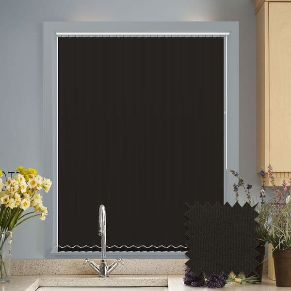 Black Made to measure vertical blinds in Guardian Jet Black plain FR / Antibacterial fabric Just Blinds