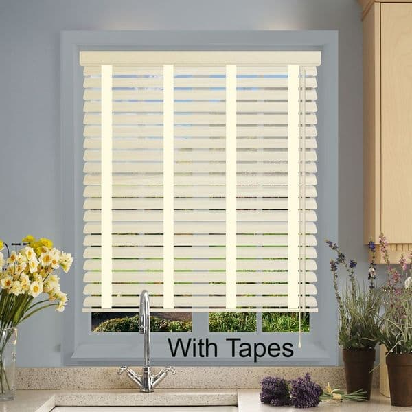 Cream Faux Wood Venetian Blinds With Tapes in Soft Linen Embossed Just Blinds