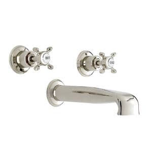 3581 Perrin & Rowe Three Hole Wall Mounted Bath Tap Set With Low Profile Spout Crosshead