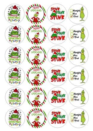 24 Wafer Christmas Mixed Grinch Cupcake Toppers