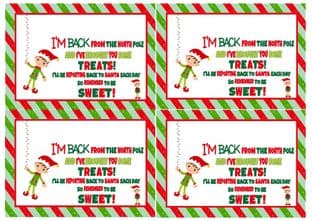 4 Large Elf I'm Back Christmas Treats Stickers - room to write name