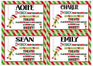 4 Large Personalised Elf I'm Back Christmas Treats Stickers