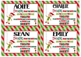 4 Large Personalised Elf I'm Here Christmas Treats Stickers