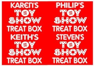 4 Large Red Personalised Late Late Toy Show Treat Box Stickers