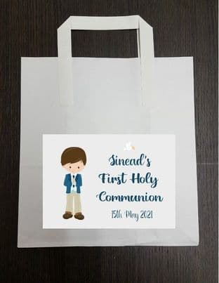 4 x Brown Hair Boy Communion Party Bags with Personalised Sticker 2