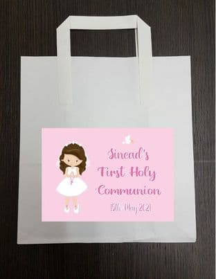 4 x Brown Hair Girl Communion Party Bags with Personalised Sticker 2