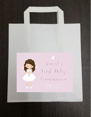 4 x Brown Hair Girl Communion Party Bags with Personalised Sticker 3