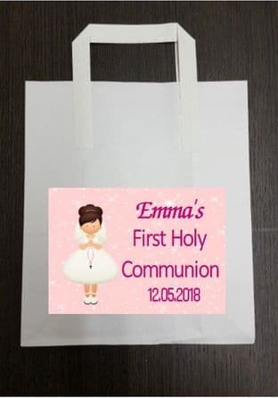 4 x Brown Hair Girl Communion Party Bags with Personalised Sticker