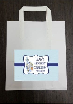 4 x Communion Party Bags with Personalised Sticker Blue Design 1