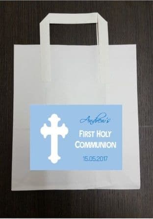 4 x Communion Party Bags with Personalised Sticker Blue Design 3