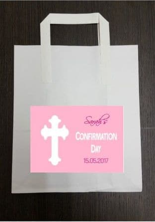 4 x Pink Confirmation Party Bags with Personalised Sticker Design 1
