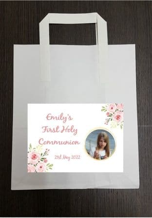 4 x Pink Floral Photo Communion Party Bags with Personalised Sticker