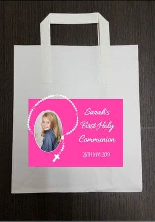 4 x Pink Rosary Beads Photo Communion Party Bags with Personalised Sticker