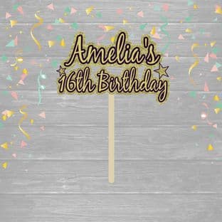 Black & Gold Theme 1 Name & Age Text Birthday Cake Topper