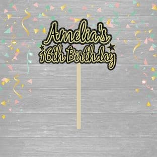 Black & Gold Theme 2 Name & Age Text Birthday Cake Topper