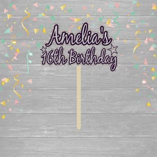 Black & Silver Theme 1 Name & Age Text Birthday Cake Topper