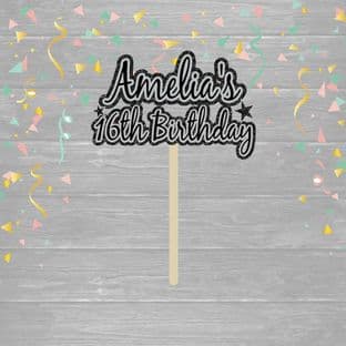 Black & Silver Theme 2 Name & Age Text Birthday Cake Topper