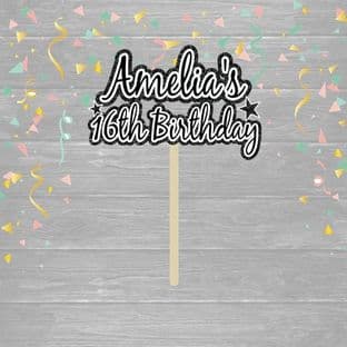 Black & White Theme Name & Age Text Birthday Cake Topper