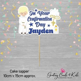 Blonde Hair Boy Robe Confirmation Cake Topper