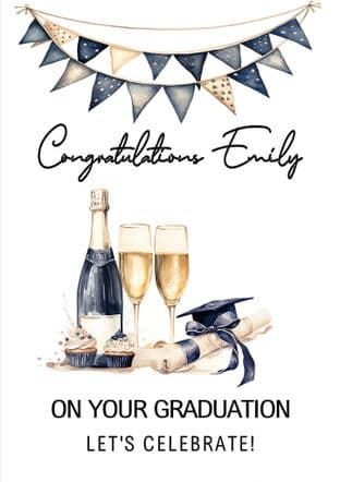 Blue & Gold Champagne & Glasses Graduation Sign
