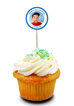 Blue Photo Communion Cupcake Picks/Toppers