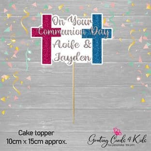 Blue & Pink Cross Glitter Effect Communion Cake Topper