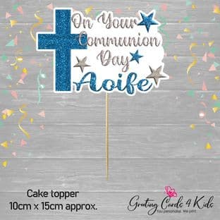Blue & Silver Glitter Effect Communion Cake Topper