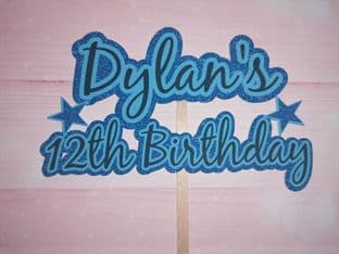 Blue Theme Name & Age Text Birthday Cake Topper