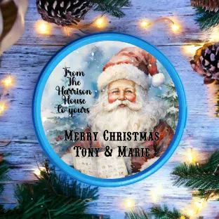 Blue Vintage Santa Circle Sweet Tub Sticker