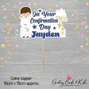 Brown Hair Boy Robe Confirmation Cake Topper
