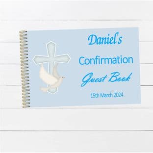 Confirmation Dove & Cross Blue Wire Bound Guest Book