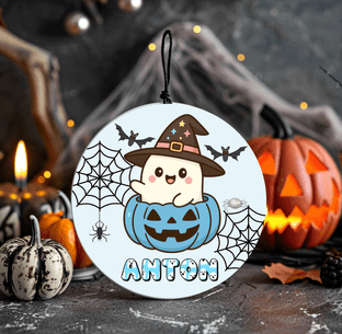 Cute Blue Pumpkin & Ghost Halloween Ornament