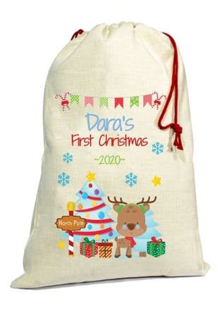 Cute Boy Reindeer 1st Christmas Gift Sack