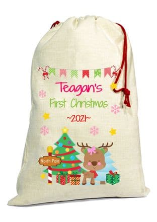Cute Girl Reindeer 1st Christmas Gift Sack