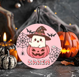 Cute Pink Pumpkin & Ghost Halloween Ornament