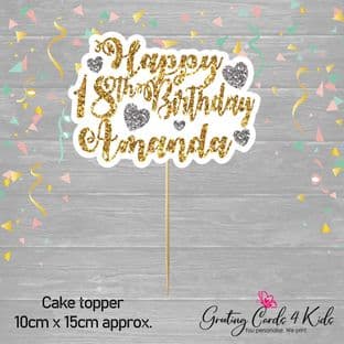 Dark Gold & Silver Hearts Glitter Text Birthday Cake Topper